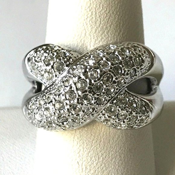 Vintage Silver Criss Cross Cocktail Ring Swarovski Crystal Size 9 Camilla Lucia - Picture 2 of 12